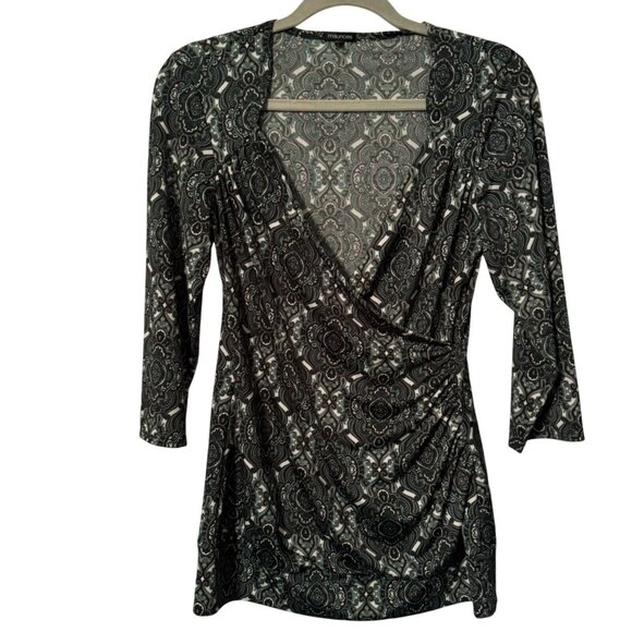 Maurices Womens V-Neck Wrap Blouse Size L 3/4 Sleeve Green Paisley Top - Picture 6 of 12